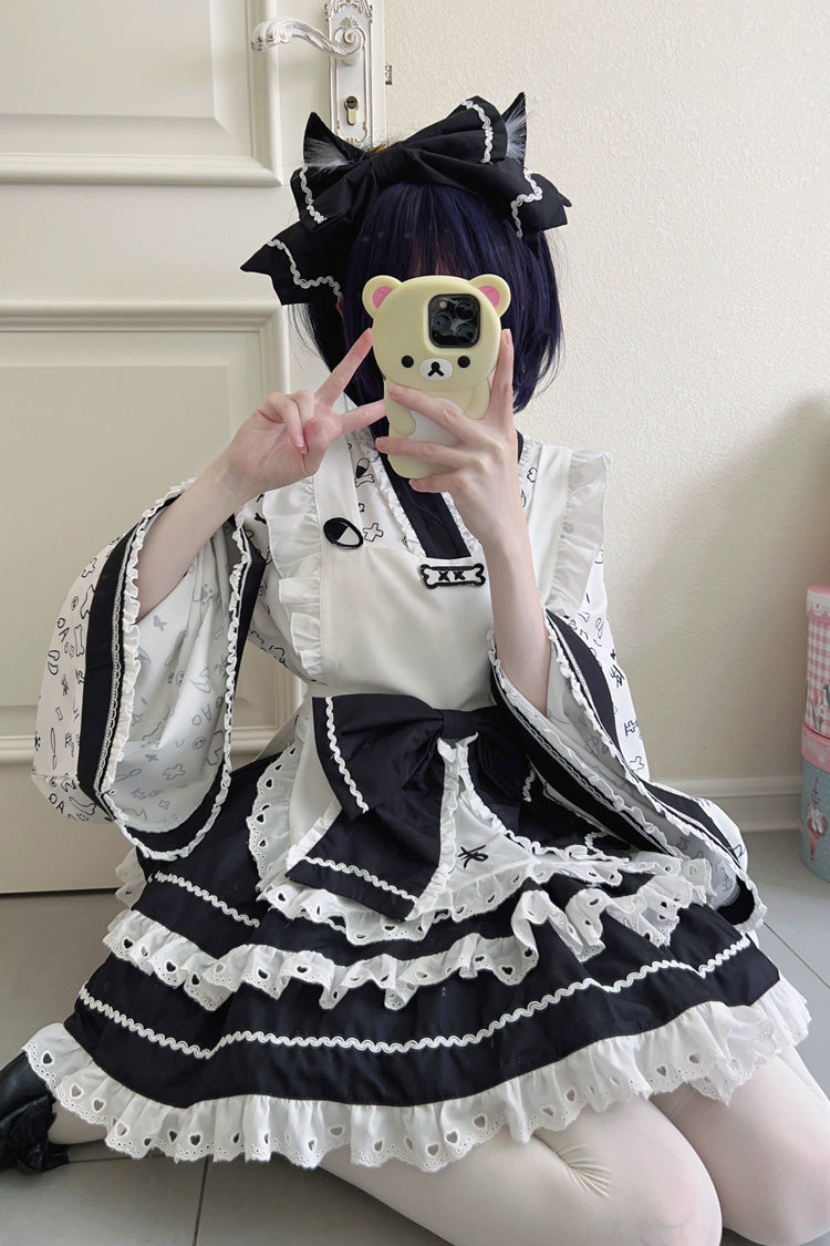 Black/White Double-Layered Ruffle Bowknot Maid Sweet Lolita Skirt Set