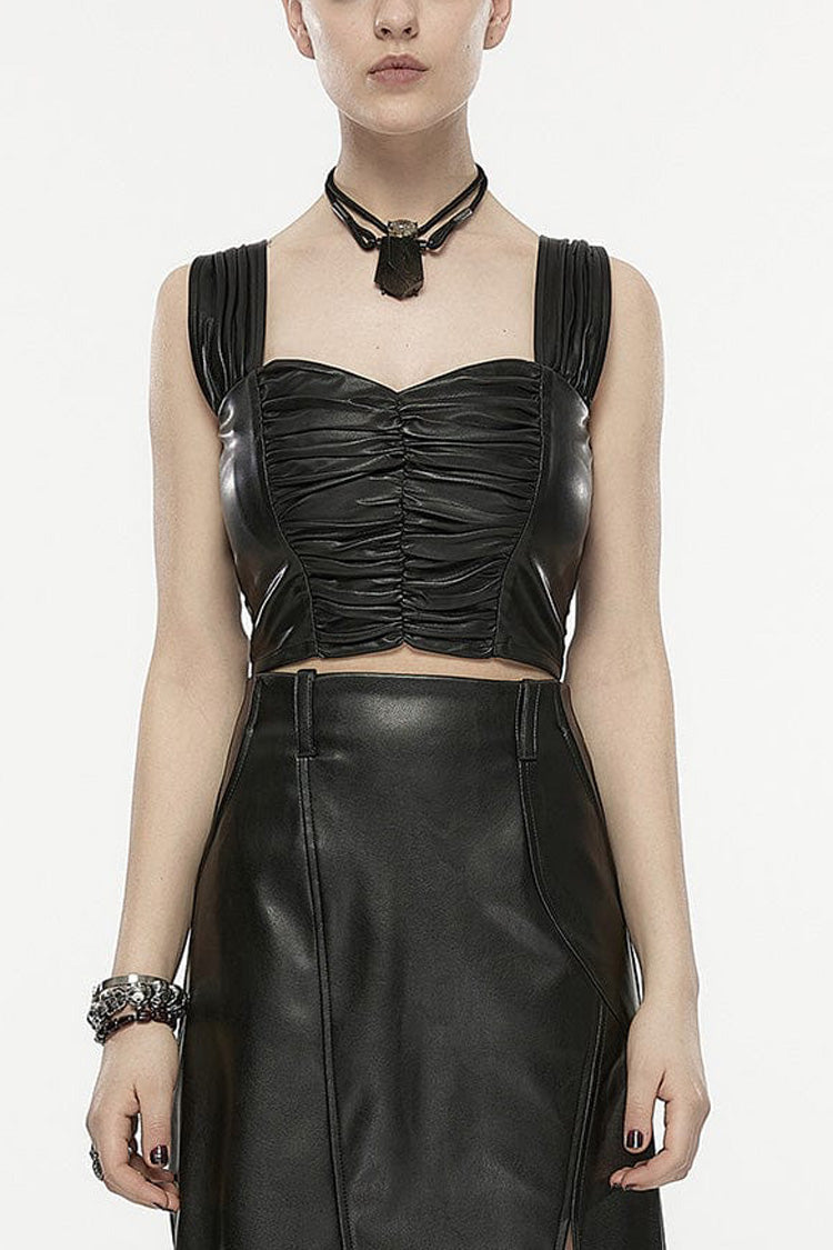 Black Square Collar Faux Leather Women's Punk Vest