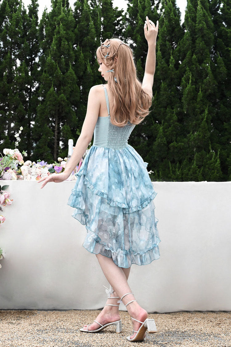 Blue [Mirrorless Dream] Double-Layered Tie-dyed Print Ruffle Bowknot Lace Train Sweet Lolita Jsk Dress