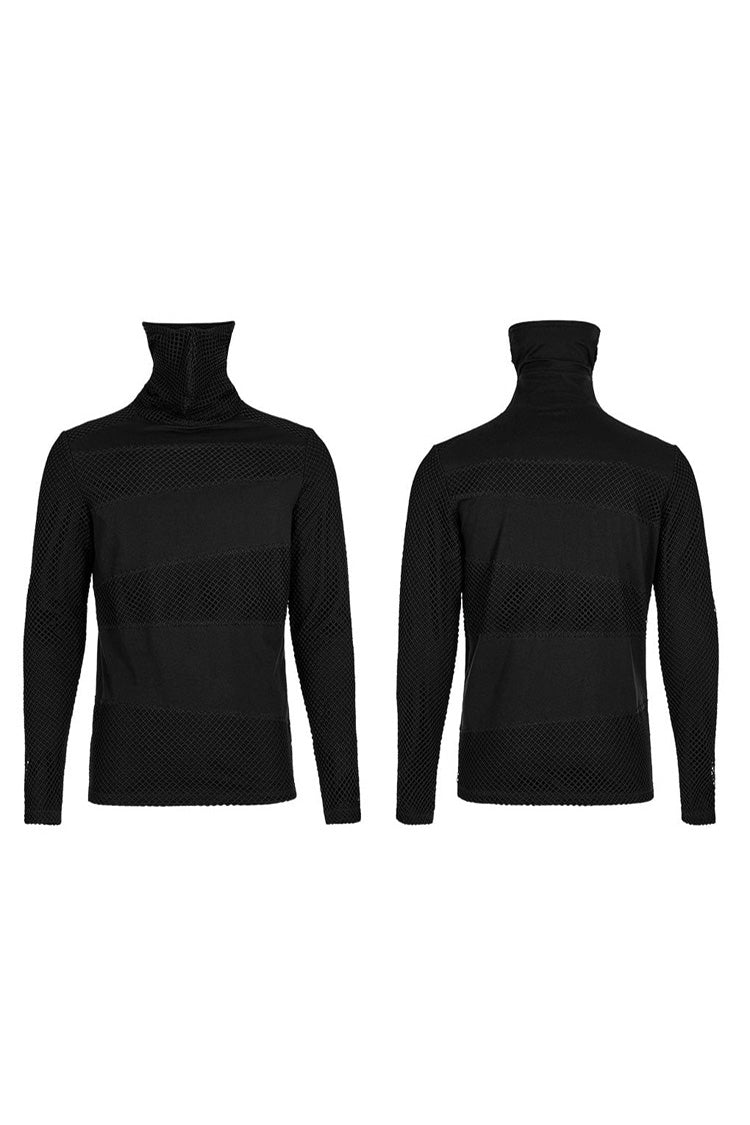 Black Punk Super High Collar Masked Hanging Ear Splicing Mesh Long Sleeves Men's T-Shirt