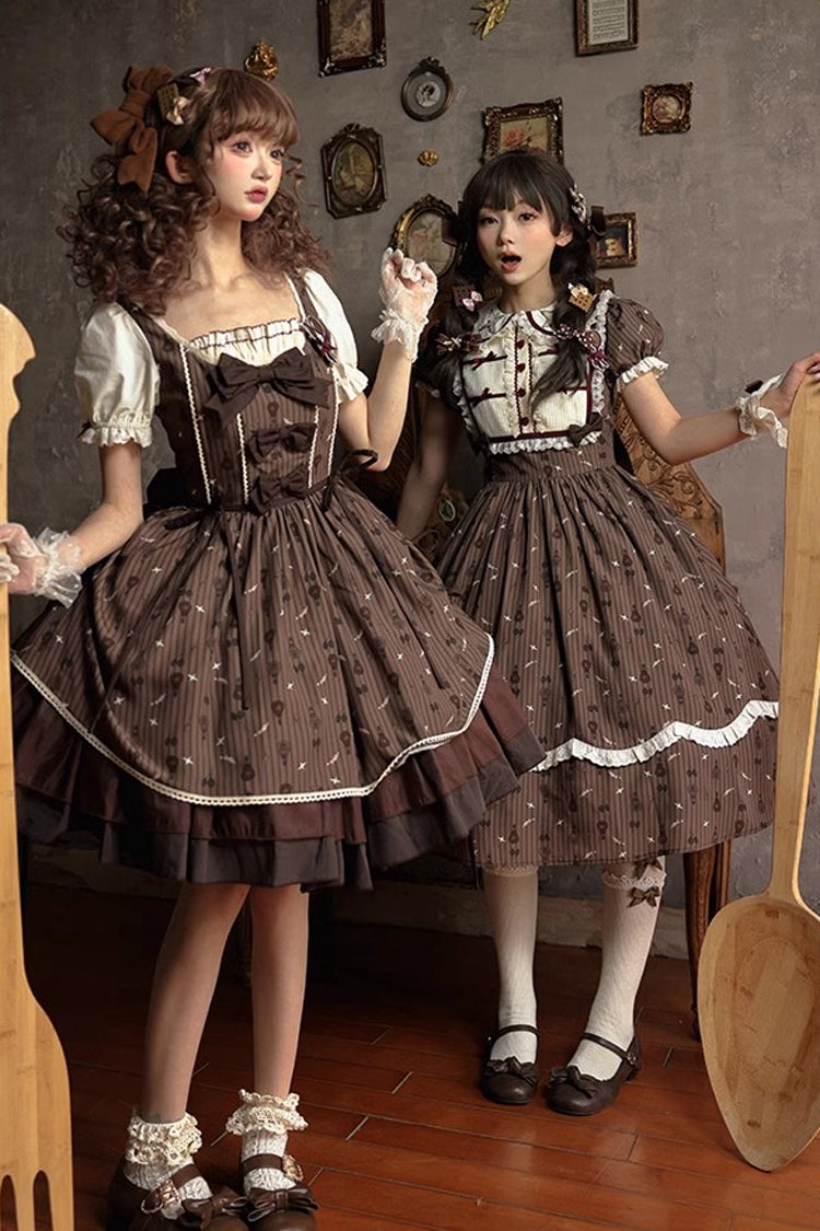 Braunes Moro Coco [Heißluftballon] Druck Rüschen Schleife Süßes Elegantes Prinzessin Lolita Kleid Lange Version