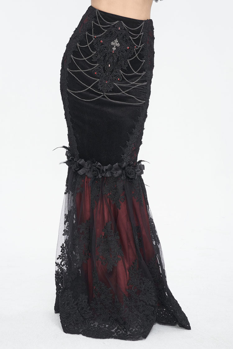 Black/Red High Waisted Embroidery Stitching Lace Women's Gothic Skirt