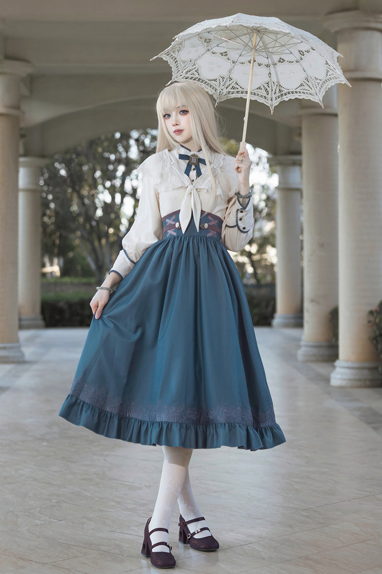 Blue Ruffle Embroidery Lace-Up Sweet College Style Elegant Lolita Skirt