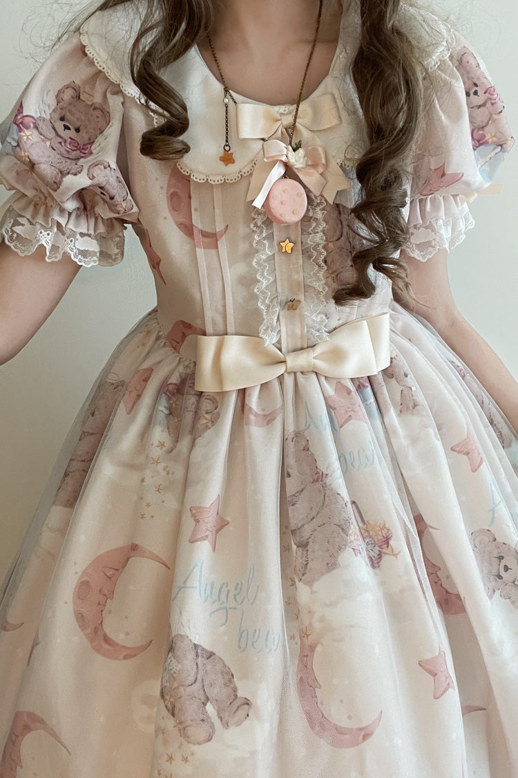 Süßes Lolita-Kleid mit Stern-Wunschbär-Aufdruck, kurzen Ärmeln und Schleife, 2 Farben