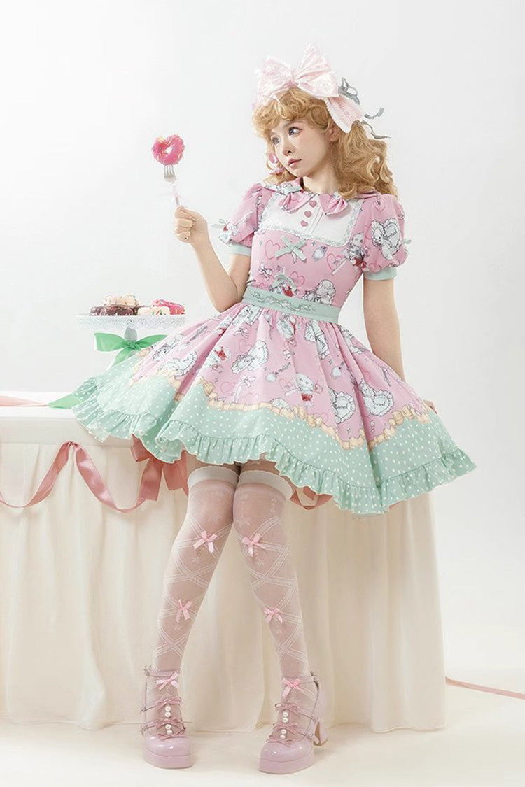 Pink/Green Tea Time Donut, Cake and Bear Print Ruffle Sweet Elegant Lolita Dress