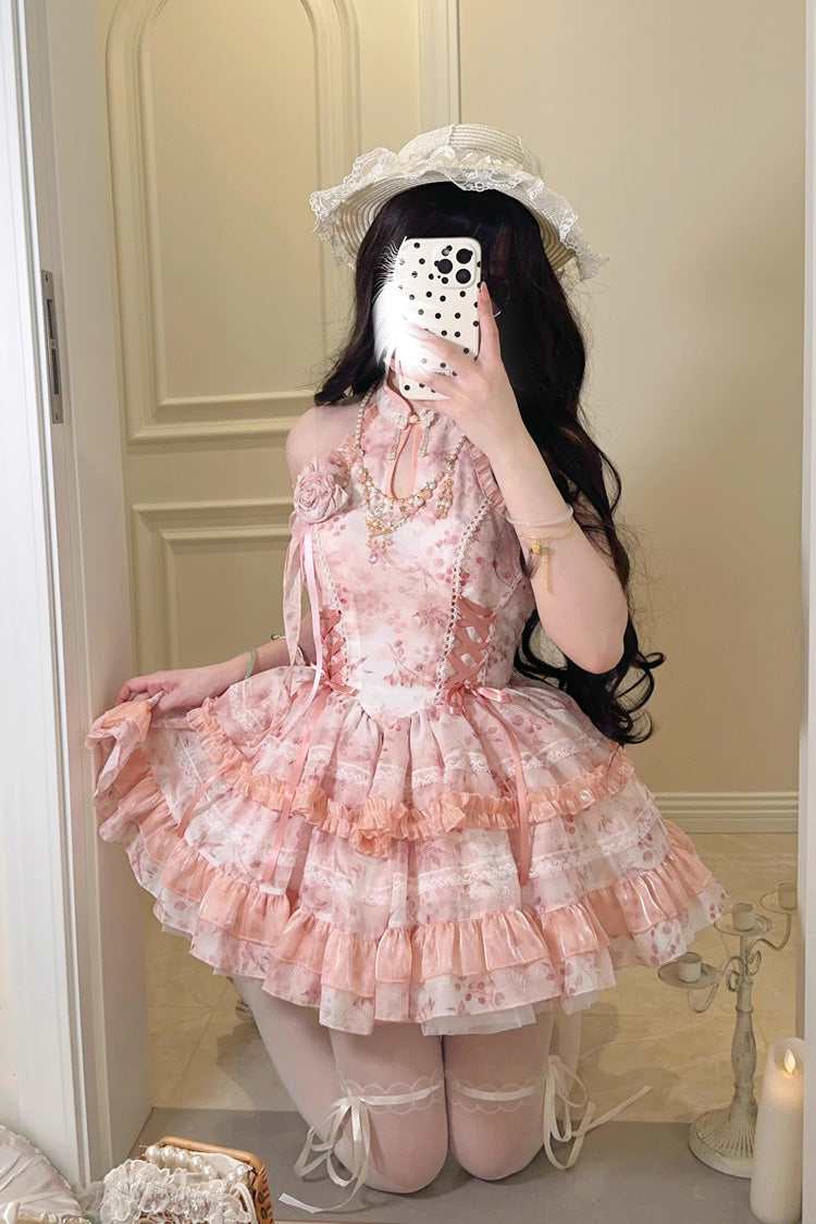 Peach Moon Bamboo Halterneck Multi-layer Print Ruffle Sweet Chinese Style Lolita Dress 2 Colors