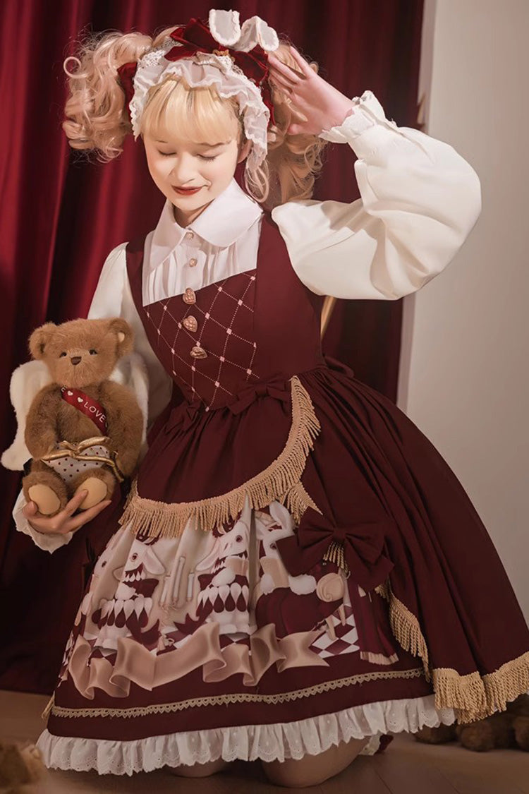 Roter Puppenkragen [Bunny Reading Club] Druck Rüschen Spitze Fake Zweiteiliges süßes Prinzessin Lolita Kleid