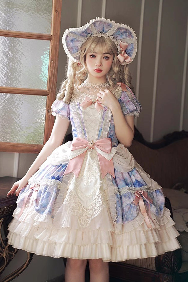 [Angel Heart Sky Oil Painting] Print Ruffle Cardigan Bowknot Sweet Princess Lolita Dress 3 Colors