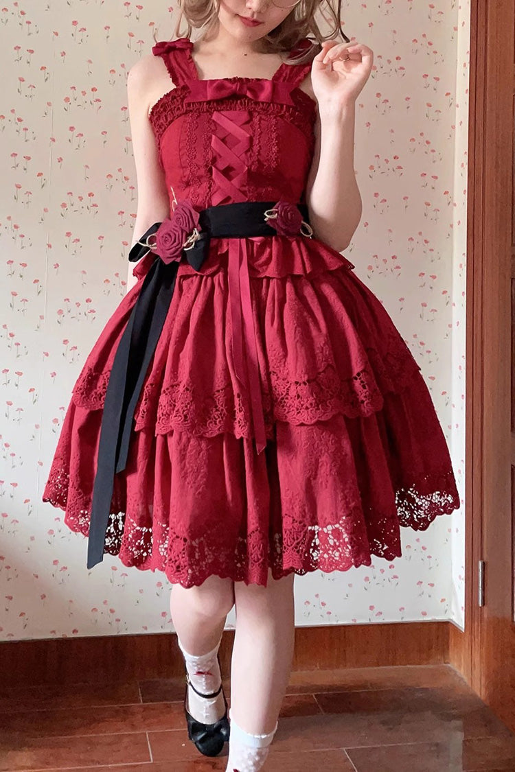 Wine Red [Forest Waltz] Embroidery Bowknot Lace-Up Slim Sweet Elegant Lolita Suspender Top