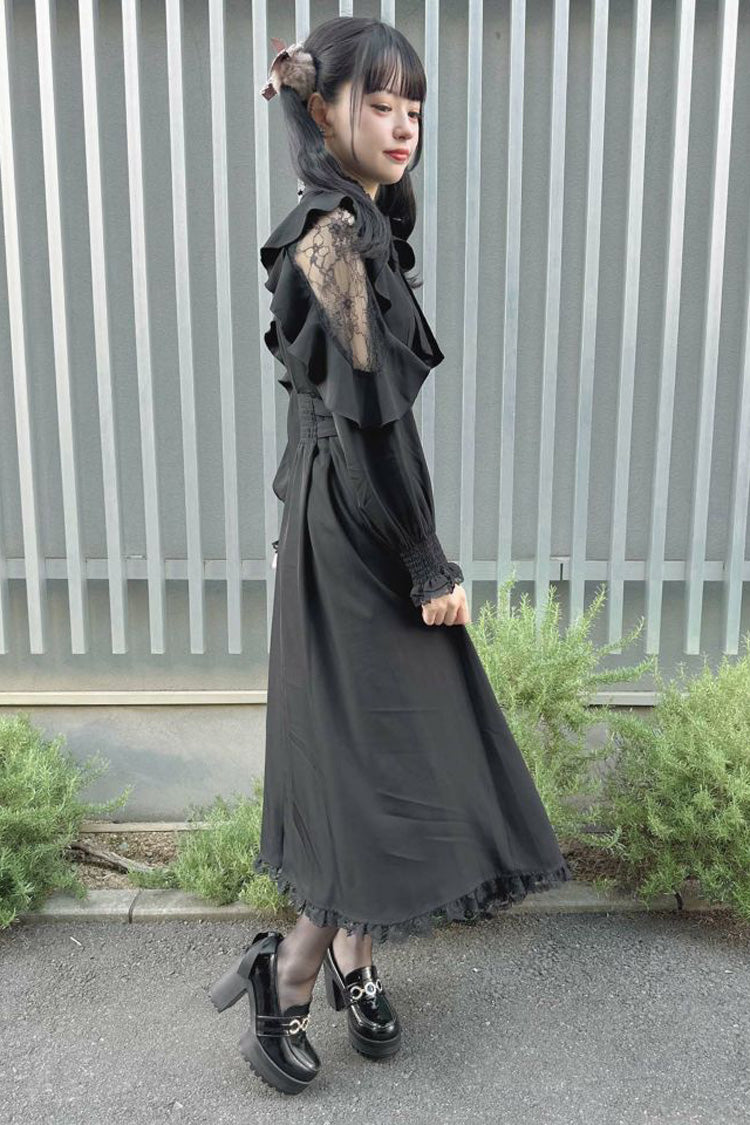 Black Stand Collar Off Shoulder Long Sleeves Hollow Bowknot Slim Jirai Kei Japanese Dress