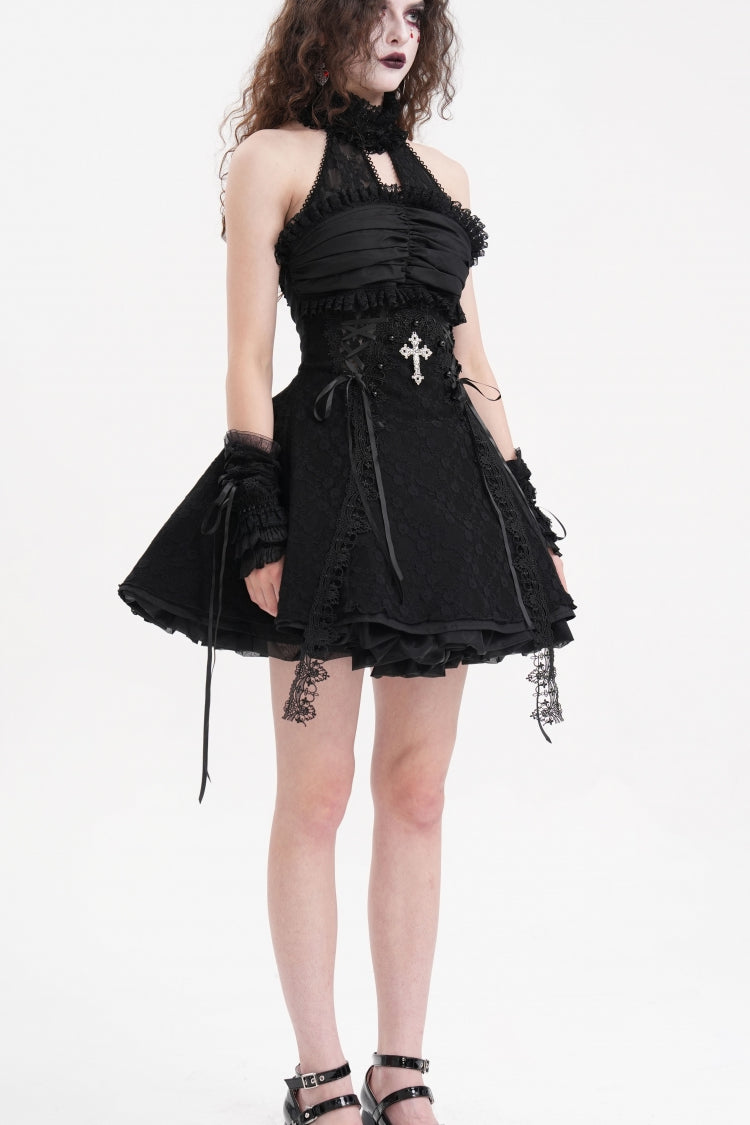 Black Halterneck Cut-out Ruffle Lace Women's Gothic Dress