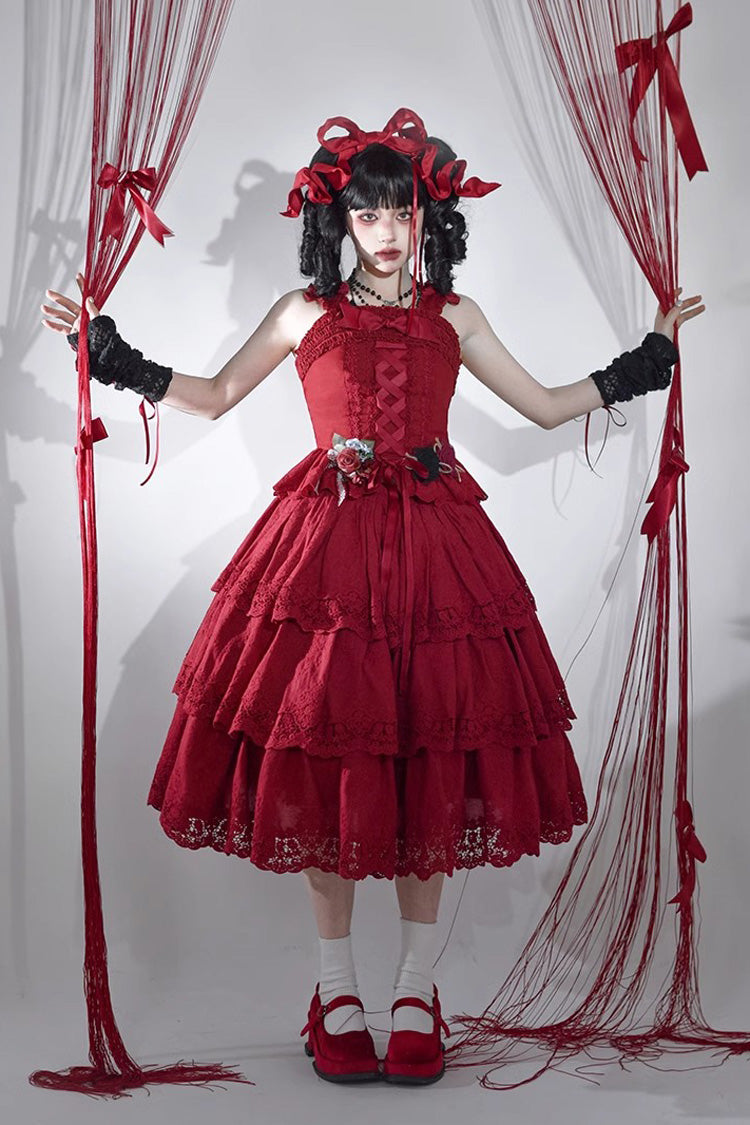 Wine Red [Forest Waltz] Embroidery Bowknot Lace-Up Slim Sweet Elegant Lolita Suspender Top