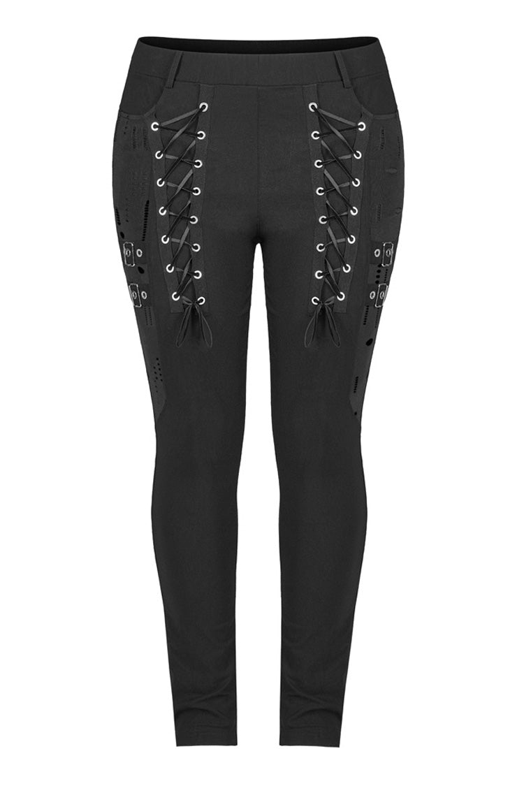 Black Elasticity Knitting Holes Design Cross Tied Rope Decoration Sexy Tight Women's Plus Size Punk Trousers