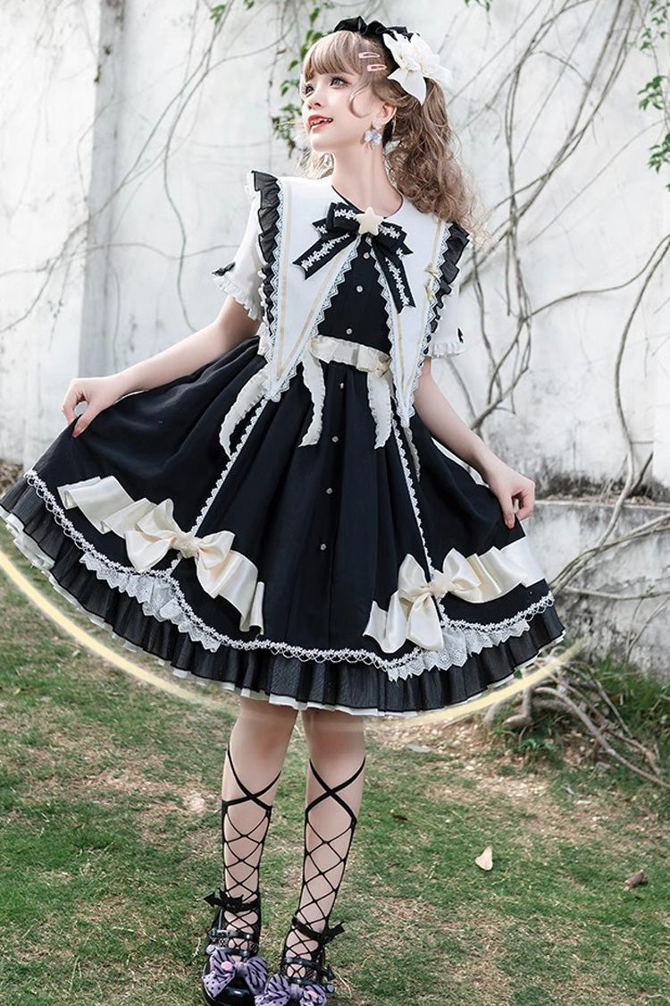 Black Sleeping Star Short Sleeves Ruffle Bowknot Lace Stitching Sweet Lolita Dress