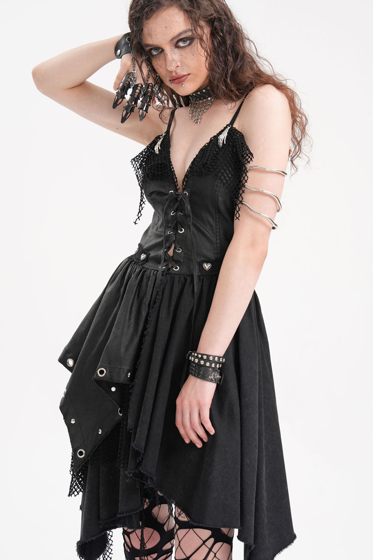 Black Sleeveless Lace Irregular Mesh Women's Gothic Slip Dress