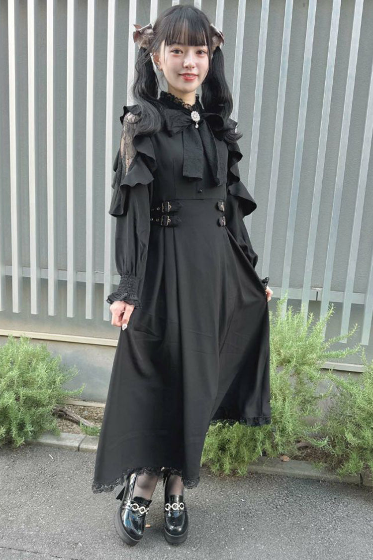 Black Stand Collar Off Shoulder Long Sleeves Hollow Bowknot Slim Jirai Kei Japanese Dress