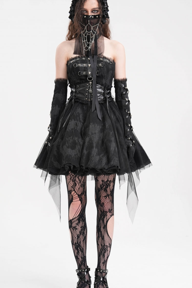 Schwarzes Neckholder-rückenfreies A-Linien-Gothic-Punk-Kurzkleid für Damen