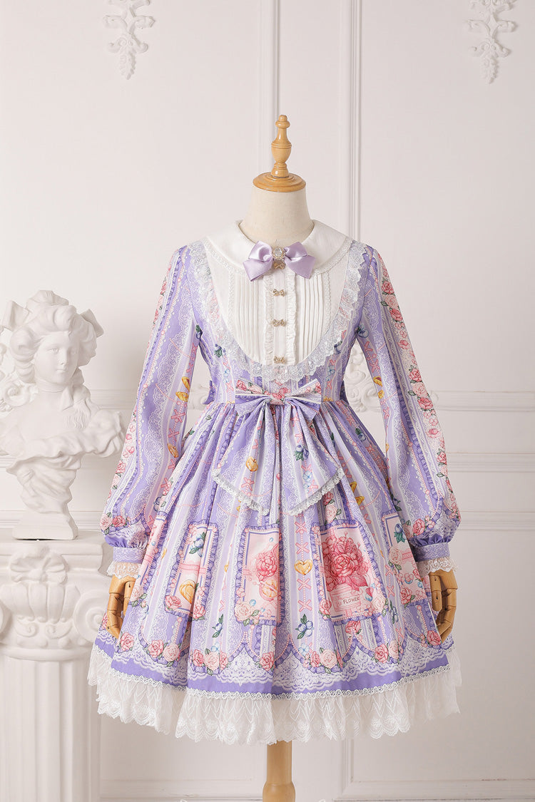 Blueberry Berries Print Long Sleeves Bowknot Sweet Princess Lolita Dress 4 Colors