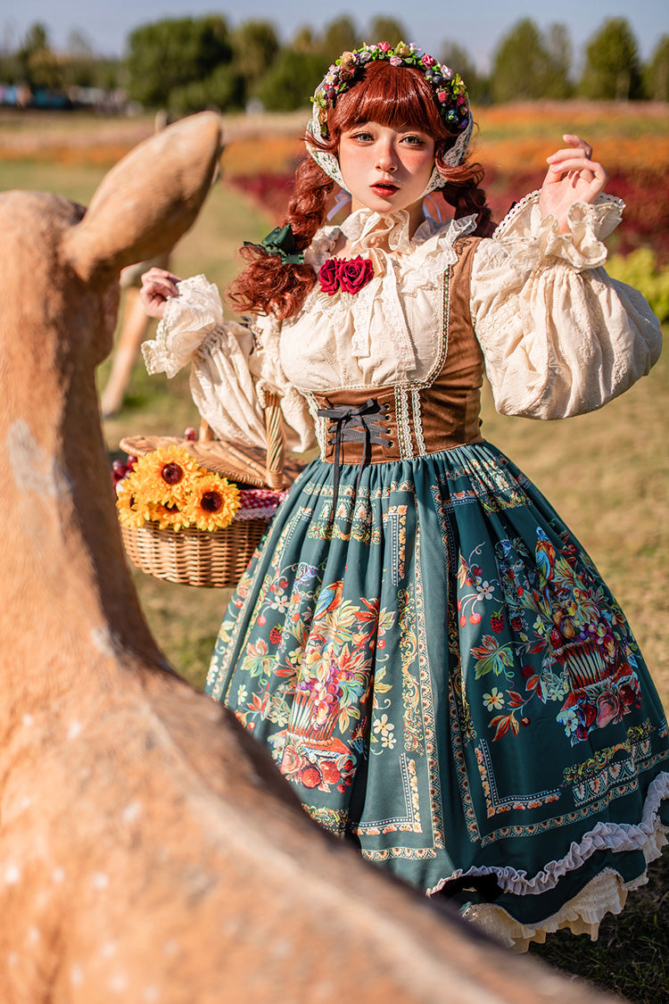 Green [Ode to Plenty] Berries and Birds Print Ruffle Bowknot Velvet Classic Lolita Breast Support Jsk Dress