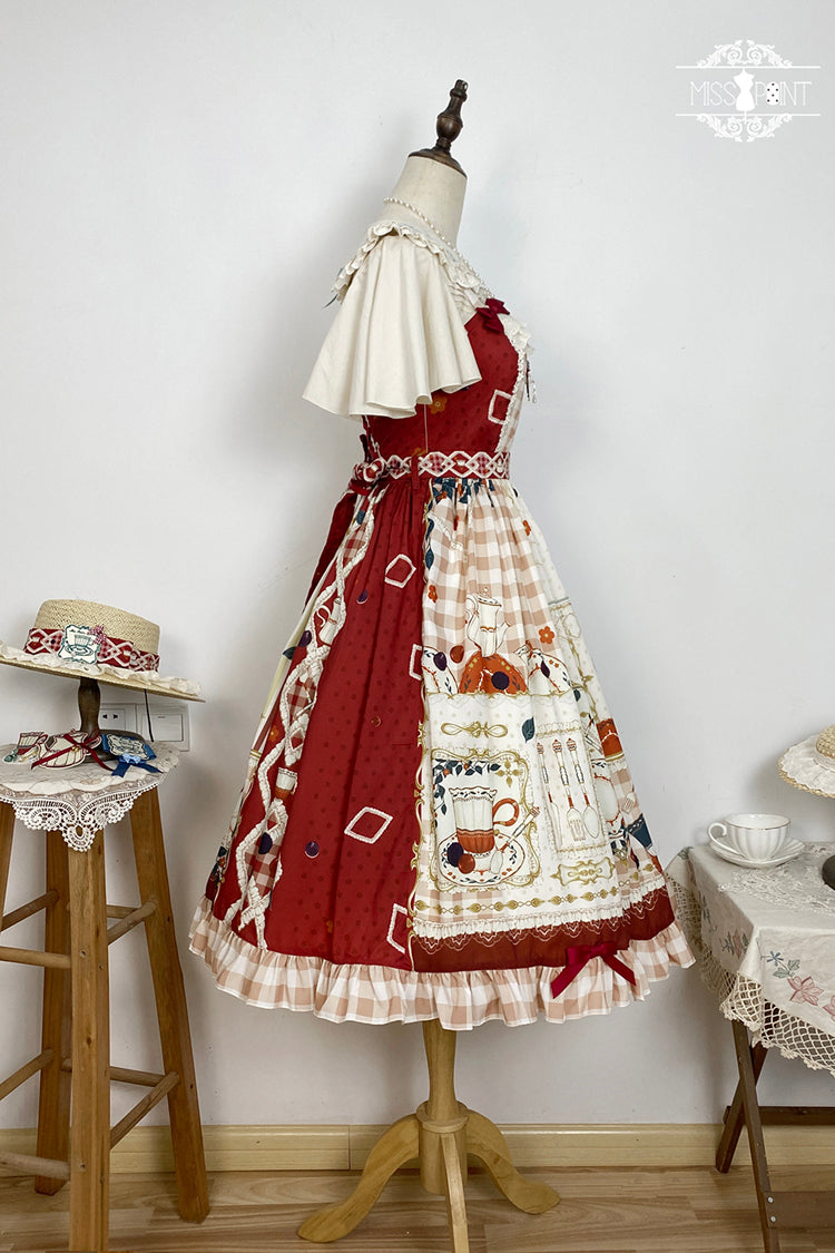 Red [Tea Party] Print Ruffle Bowknot Lace Sweet Elegant Lolita Jsk Dress