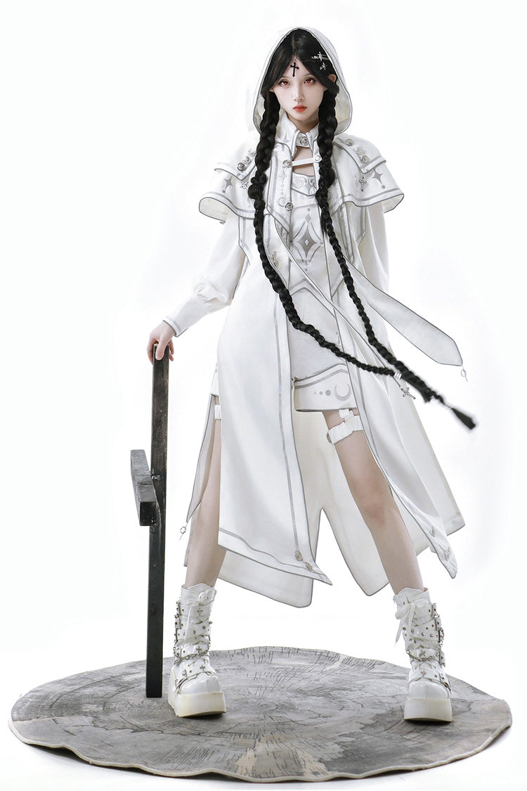 Weißes Ouji Fashion Lolita-Set mit futuristischem mechanischem Aufdruck im Bionic Dimension-Stil (einschließlich Oberteil, Umhang und Shorts)