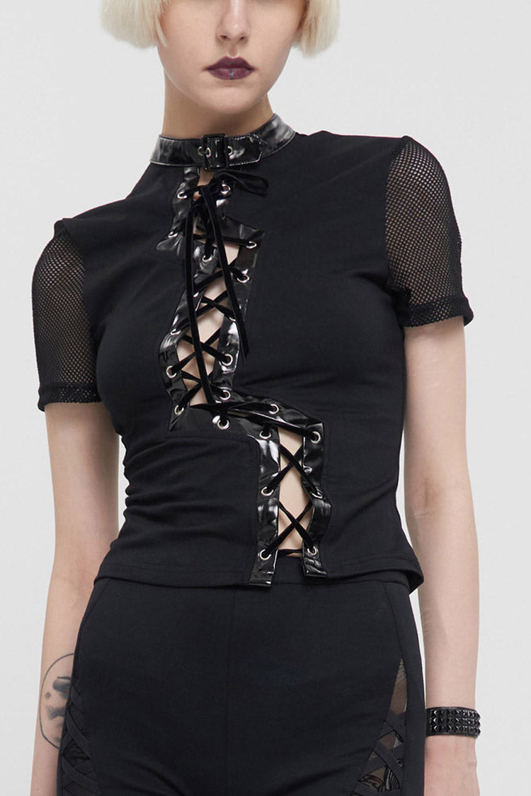 Black Punk Short Sleeve Irregular Drawstring Bright Leather Neckline Mesh Cuffs Women's T-Shirt