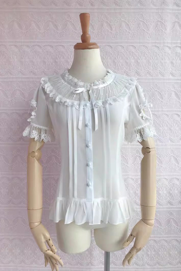 Round Collar Short Puff Sleeves Chiffon Lace Sweet Lolita Blouse 2 Colors