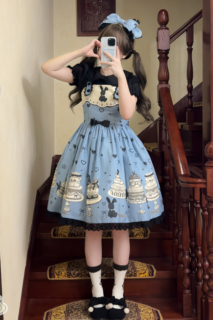 Blue Cake Bunny Print Bowknot Stitching Lace Sweet Lolita Jsk Dress