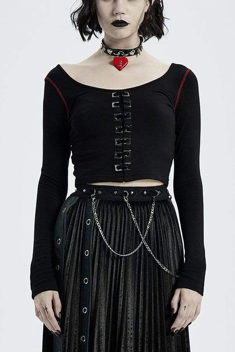 Black Round Collar Long Sleeve Front Metal Square Eyelets Decoration Short Tight Women's Punk T-Shirt