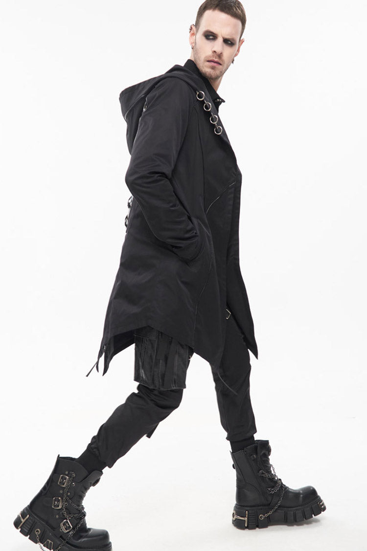 Black Punk Back Splicing Straps Design Windproof Fabric Daily Matching Hooded Casual Men's Coat