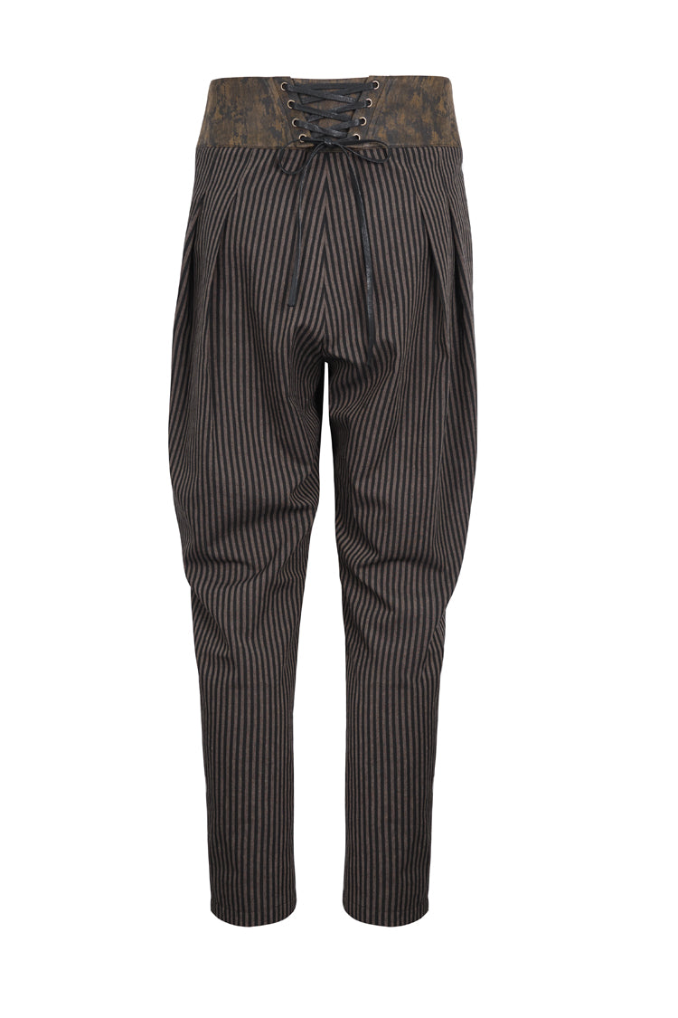 Brown High Waisted Striped  Lace-Up Men's Gothic Pants