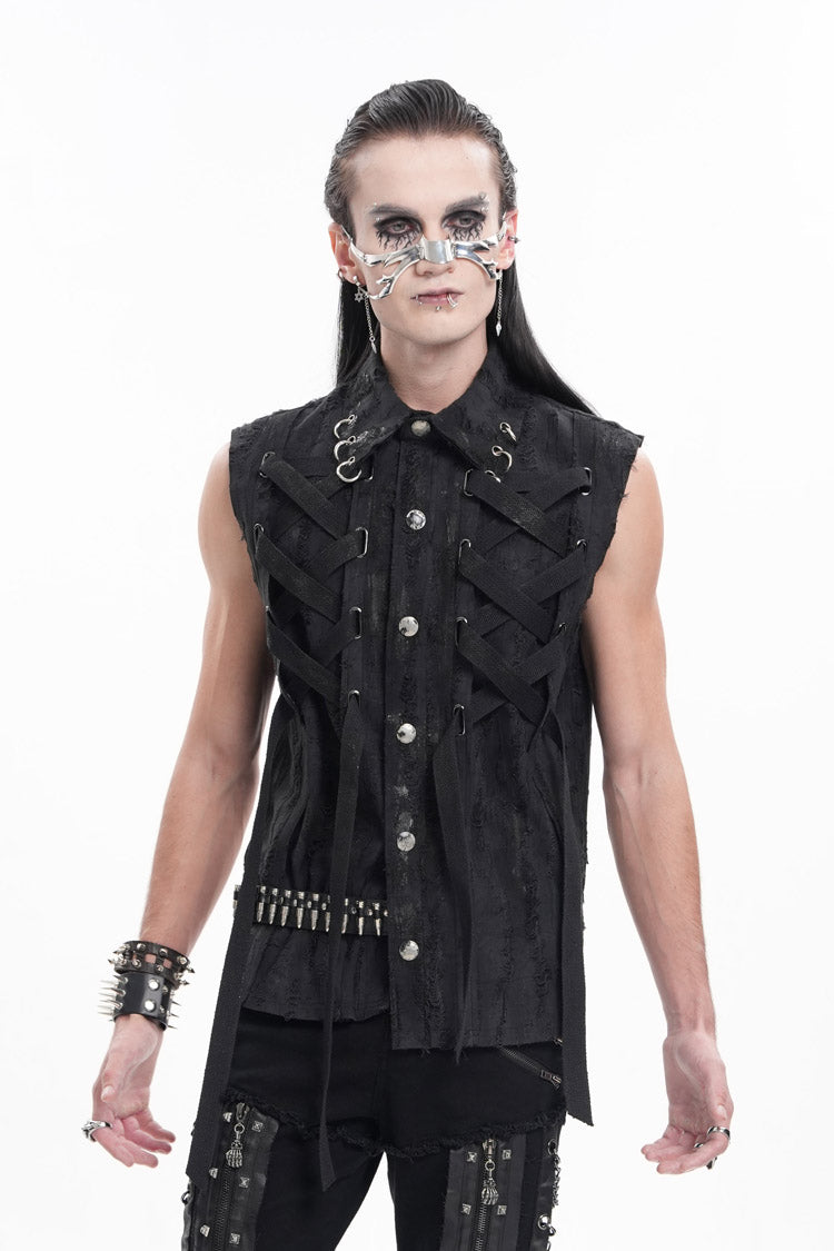 Black Lapel Collar Sleeveless Lace-Up Ripped Ring Men's Gothic Vest