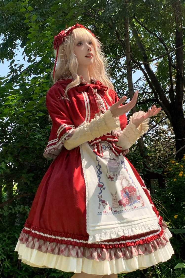 Weinrotes [Rotkäppchen] Süßes Lolita Jsk-Kleid mit Rüschen und Schleife