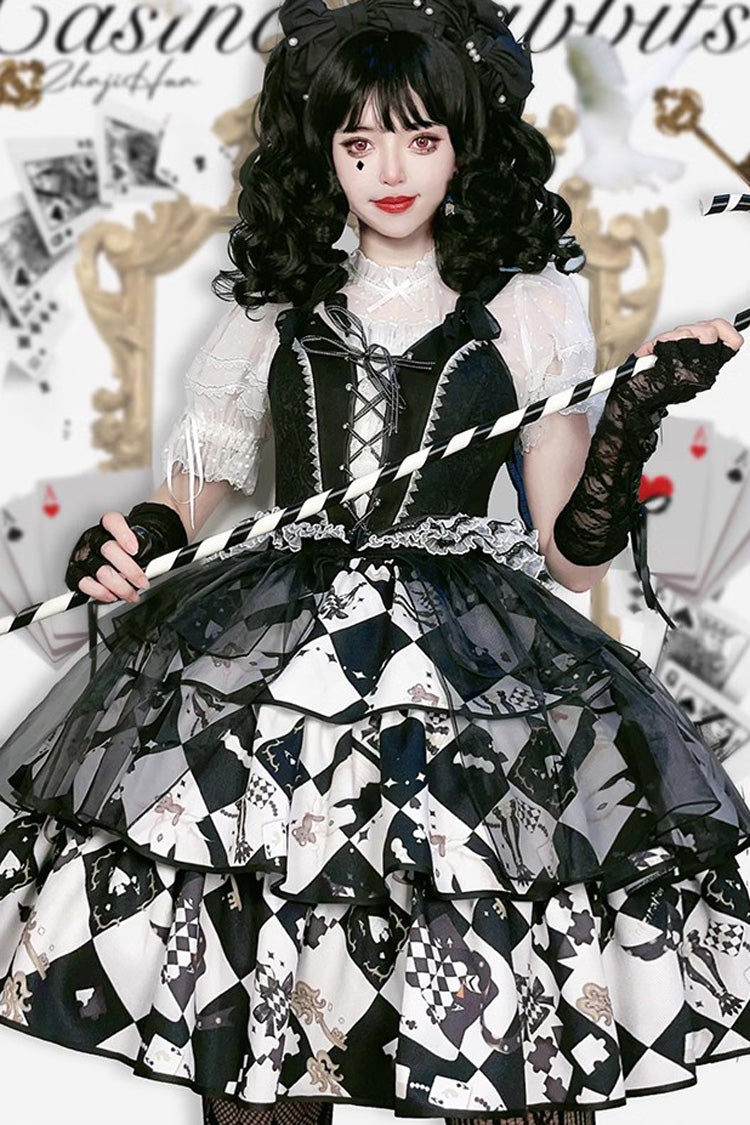 Black/White [Board Games] Triple-Layered Print Ruffle Vintage Lolita Skirt