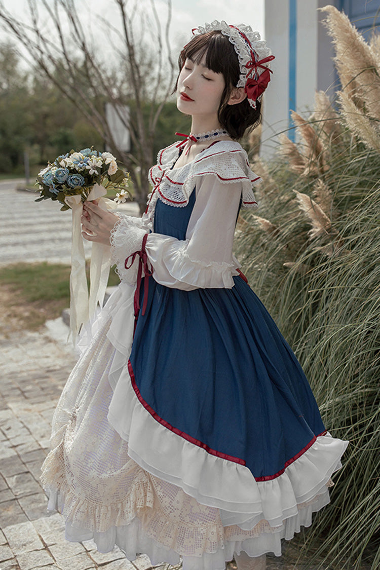 Blau/weißes, langärmliges Cardigan-Kleid mit Schleife und süßem Lolita-Kleid