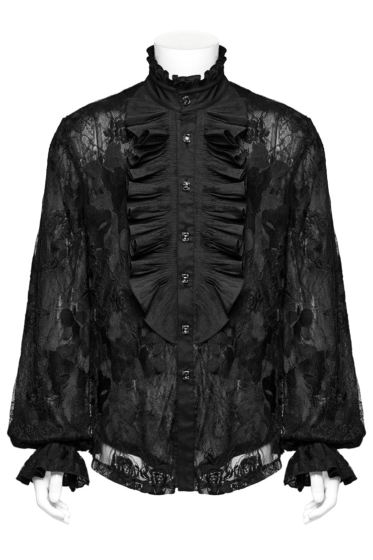 Black Stand Collar Lantern Sleeves Print Ruffle Lace Men's Gothic Blouse