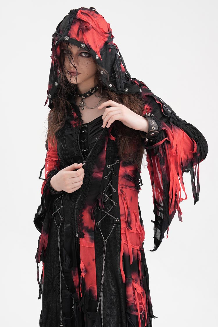 Black/Red Long Sleeves Lace Ripped Zipper Women's Punk Coat