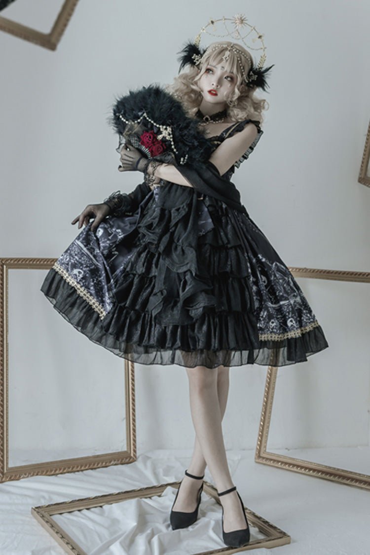 Schwarzes Rüschen-Cardigankleid mit Drachenreiter-Print, Schleife und Spitze, Gothic-Lolita-JSK-Kleid