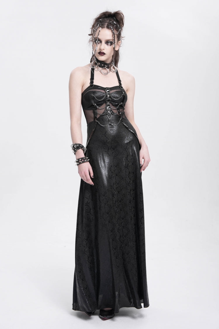 Black Halterneck Stitching Mesh Chained Women's Punk Dress