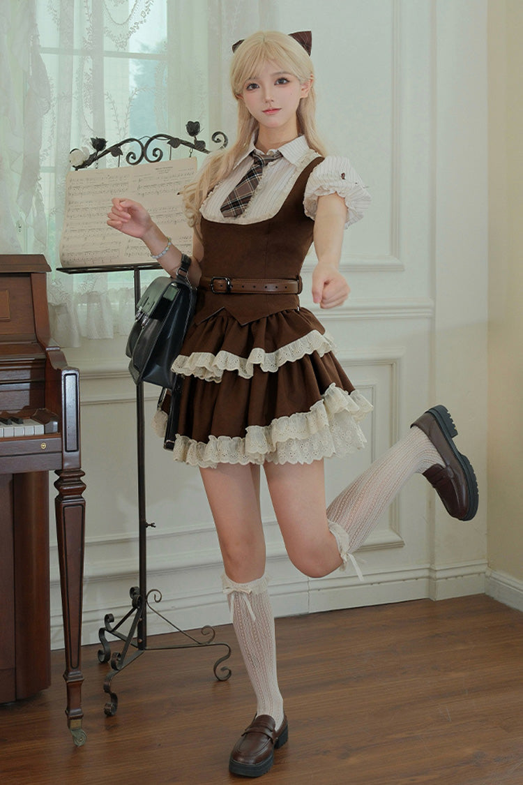 Brown Coco Love Letter Double-Layered Ruffle Lace Sweet College Style Lolita Skirt Set