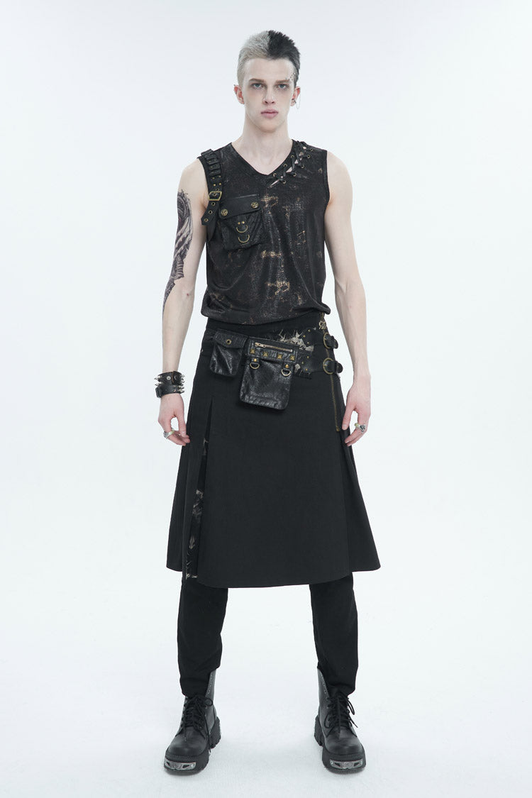 Black Tie-Dye Patchwork With Waist Bag Men's Gothic Skirt