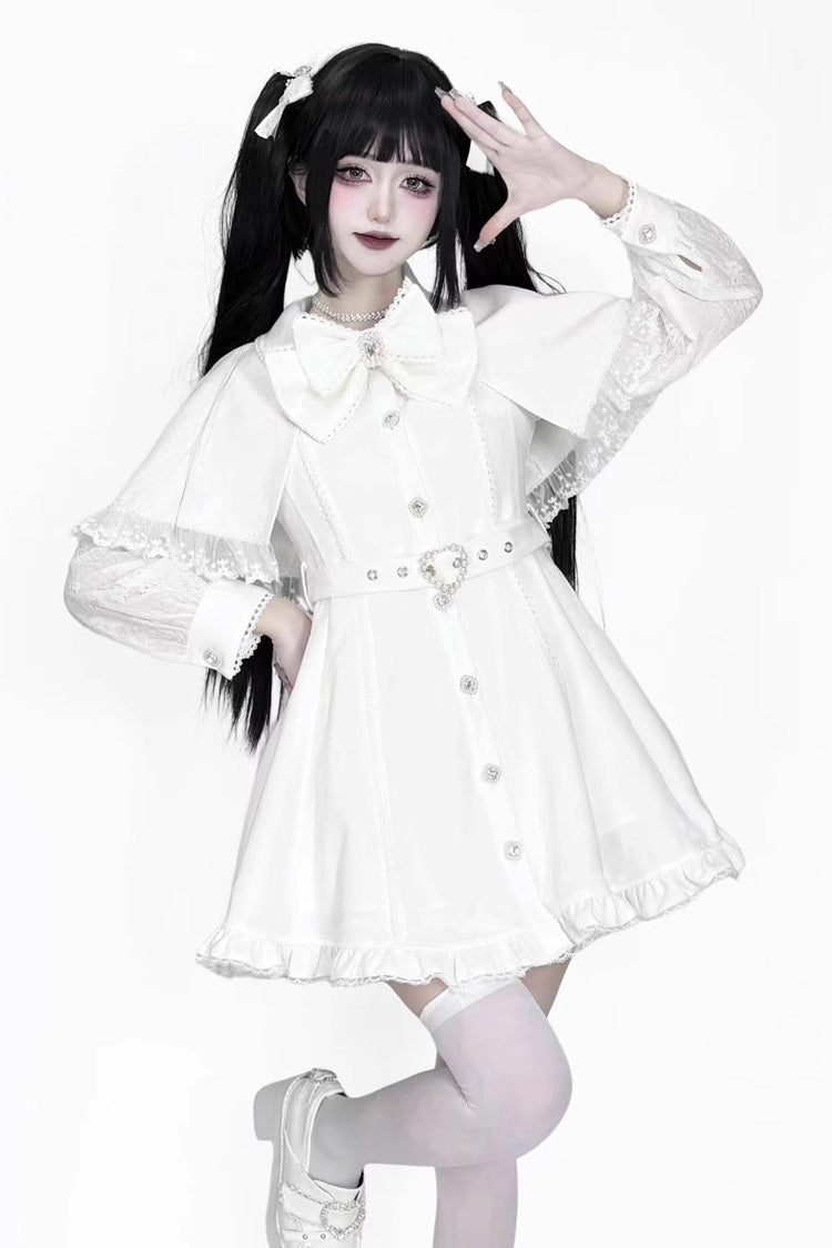 White Long Sleeves Removable Cape Ruffle Lace Gothic Jirai Kei Elegant Dress