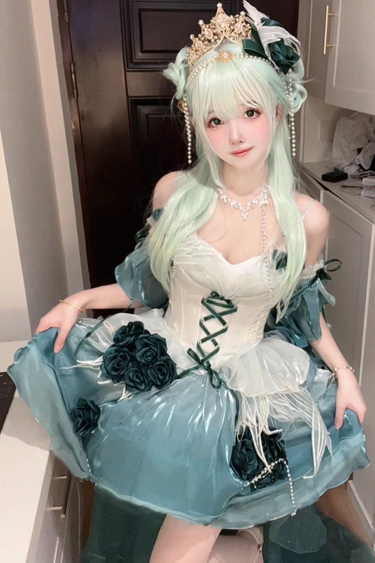 Amber Green [Swan Wonderland] Embroidery Bowknot Lace-Up Sweet Ballet Lolita Jsk Dress Short Version