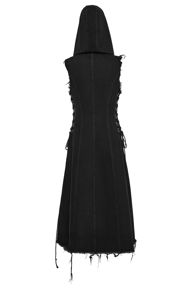 Black Side Drawstring Sleeveless Pin Decoration Hooded Womens Steampunk Long Vest