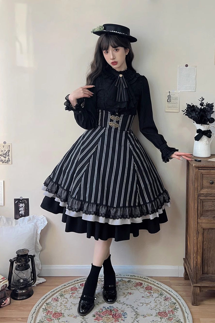 Black Point Manor Multi-layer Striped Print Ruffle Gothic Lolita Skirt