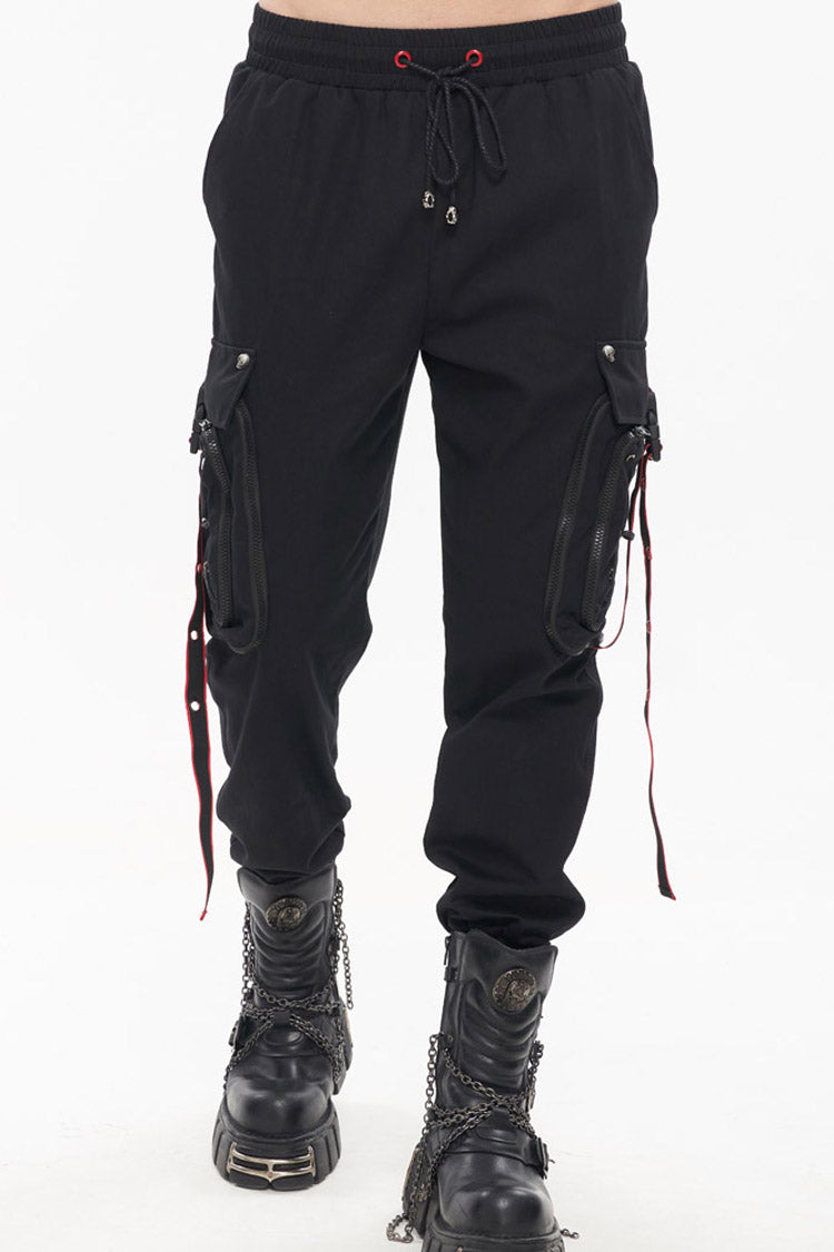 Black Punk Multi Pocket Webbing Decorative Drawstring Men's Long Pants
