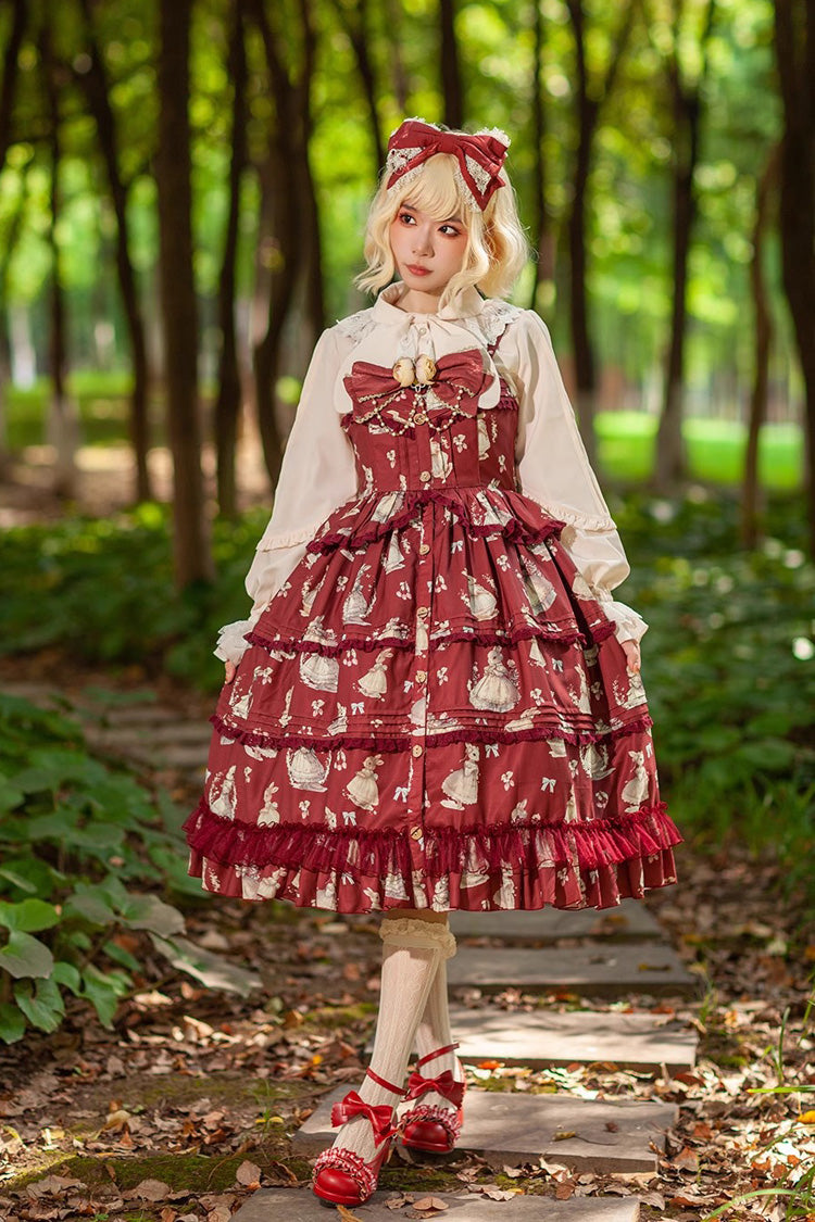 Miss Rabbit Dance Print Multi-layer Ruffle Sweet Elegant Lolita Jsk Dress 4 Colors