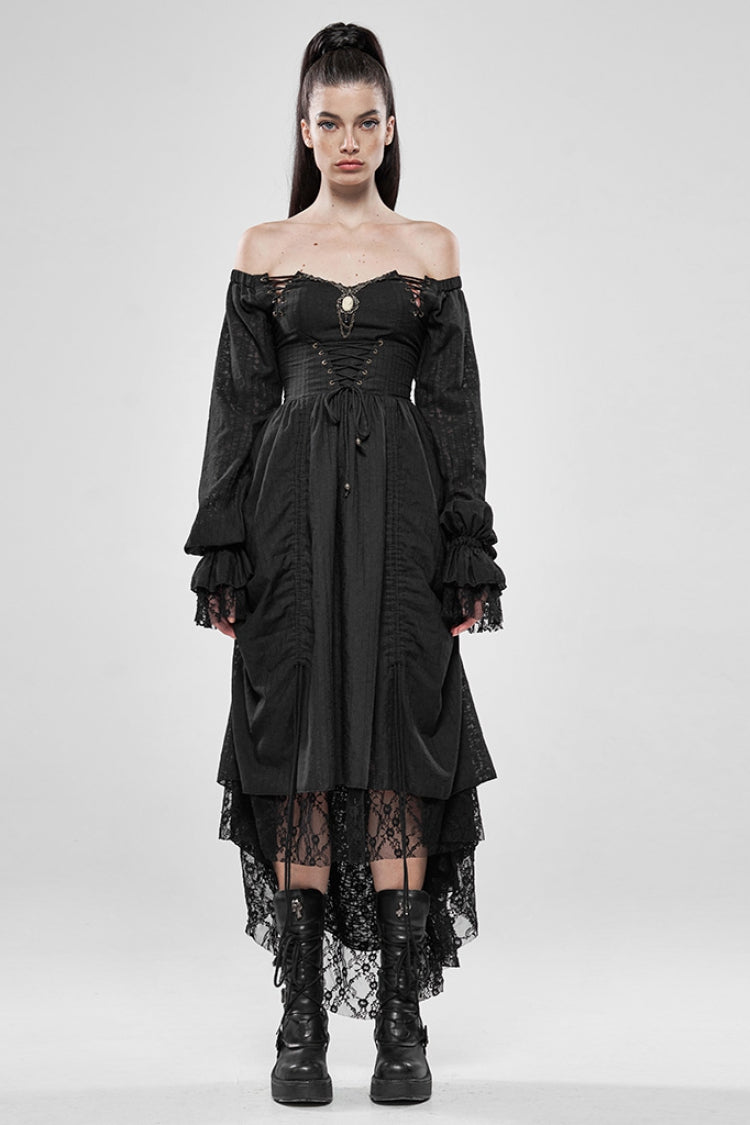 Black Off Shoulder Long Puff Sleeves Ruffle Mesh Women's Gothic Dress