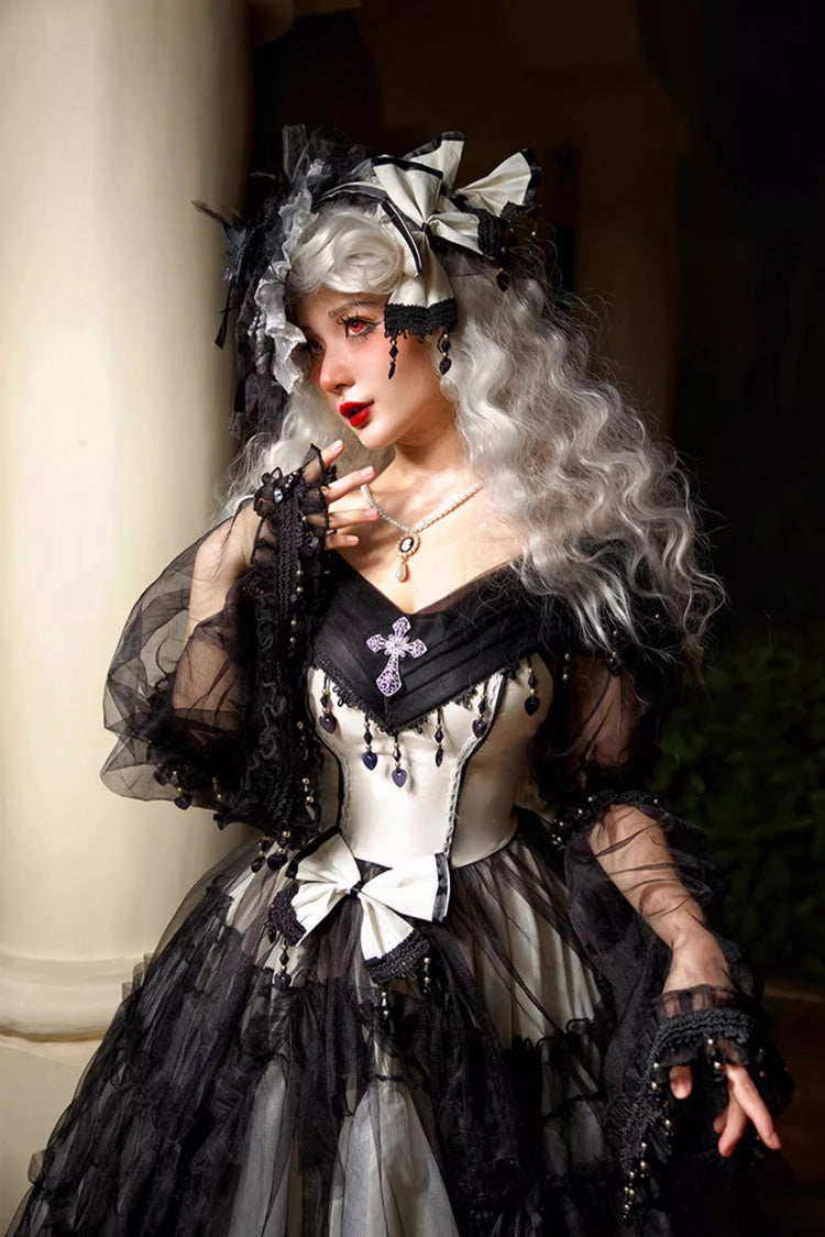 Black/White Ruffle Hanayome Lace Lace-Up Gothic Plus Size Lolita Jsk Dress (Long Version)