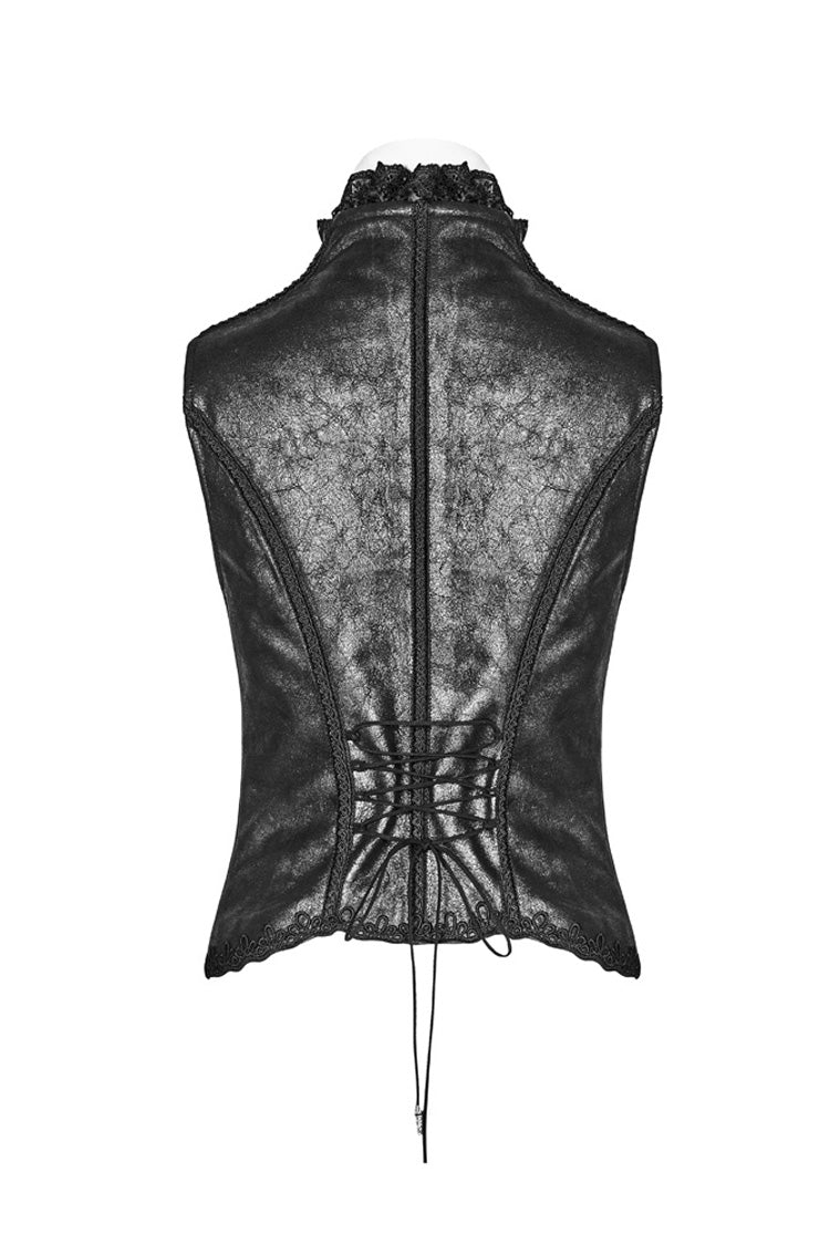 Black Back Waist Lace Up High Collar Front Metal Rivet Chest Hollow-Out Women's Punk Floral Vest